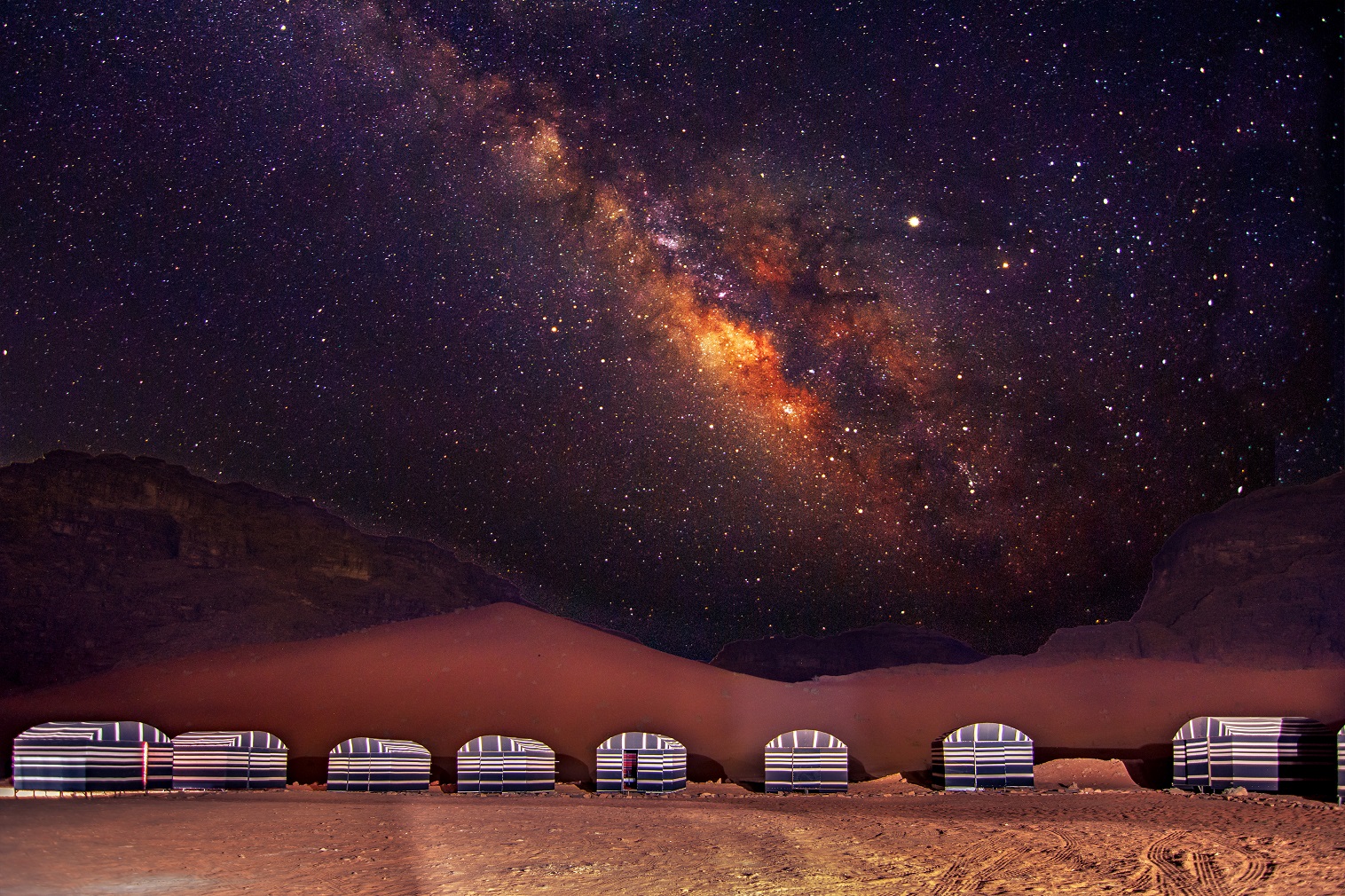 A,Camp,In,Wadi,Rum,Desert,At,Night,With,Milky